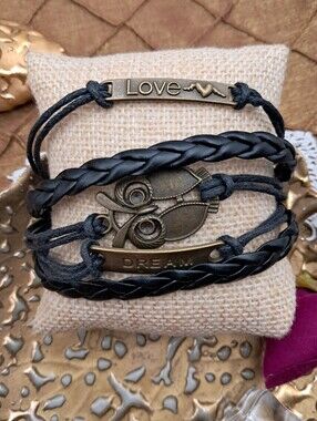 Antiqued Bronze Owl & Word Bars Multi-Strand Cord Bracelet w/ Love & Dream